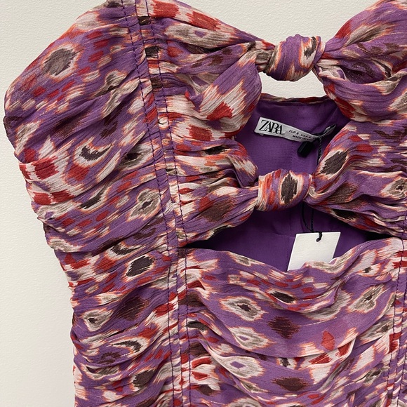 Zara Purple Gold Metallic Twist Front Draped Ruched Mini Dress. NWT - Picture 3 of 6